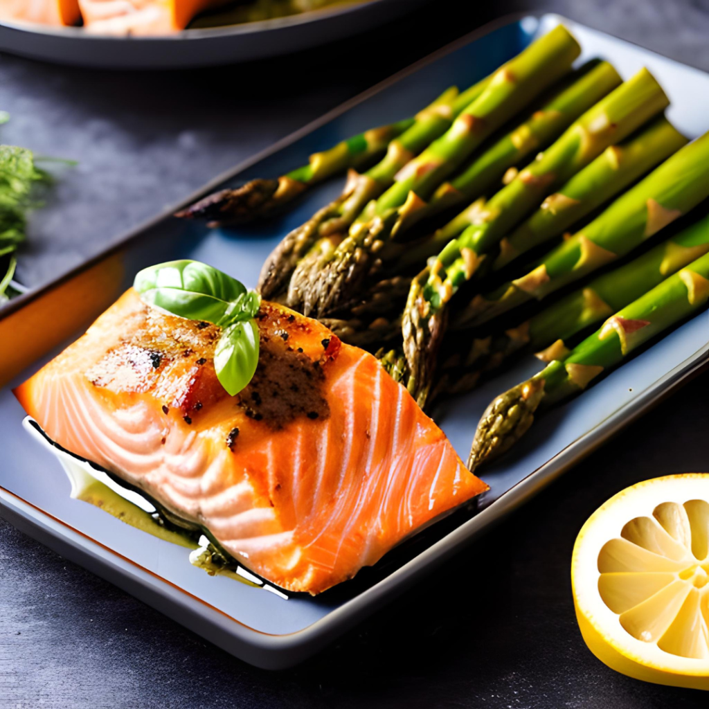 Salmon Symphony: Baked Delight with Roasted Asparagus Serenade